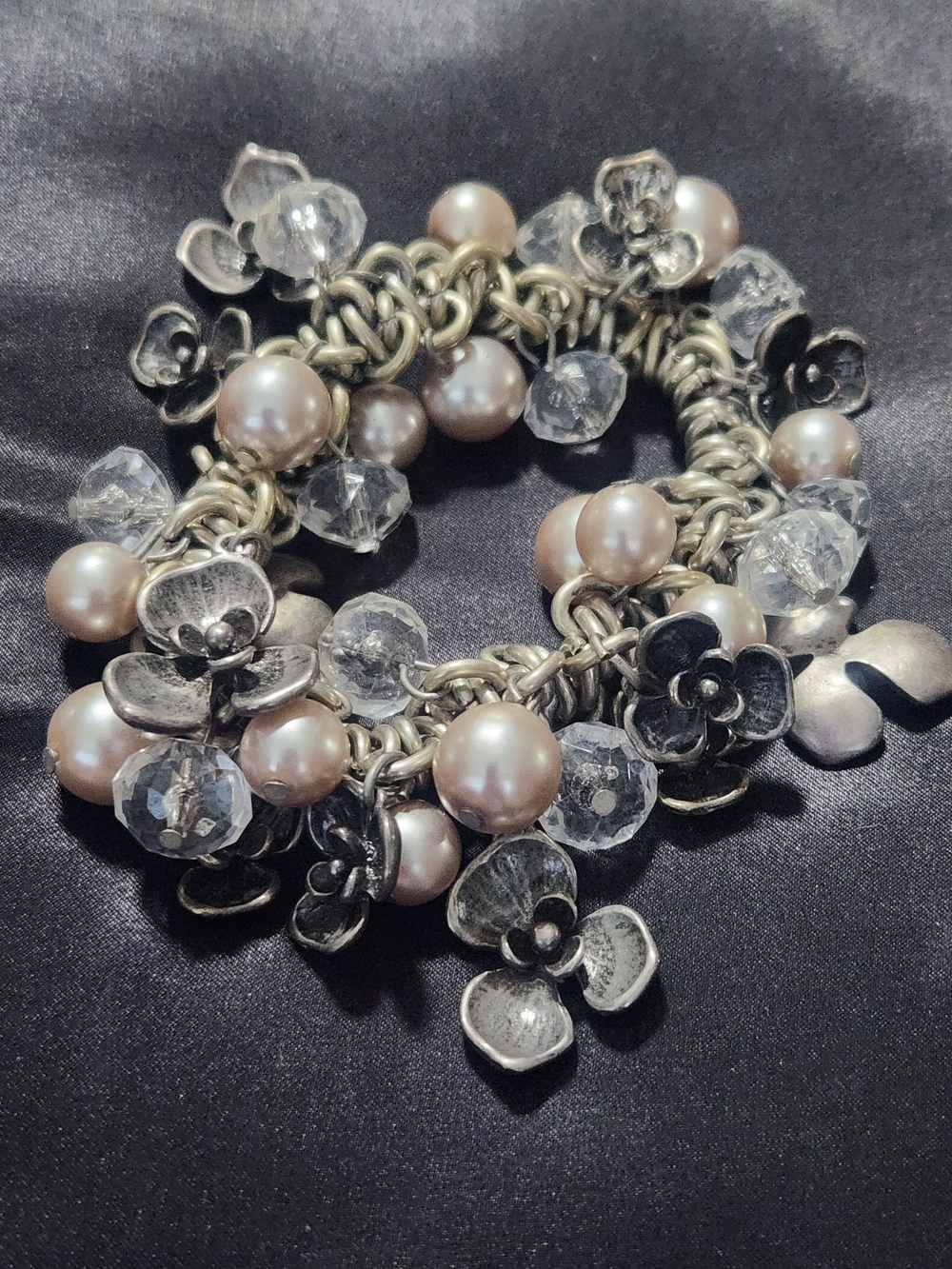 Silver Floral Pearl & Crystal Charm Bracelet - Pink Pearls